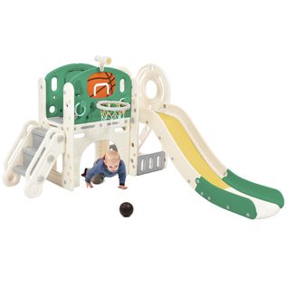 Aire De Jeux Enfant Avec Toboggan, Tunnel, Rangement Et Panier De Basket, Vert