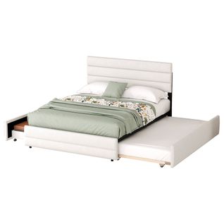 Lit Adulte 140x200cm Avec Lit Gigogne, 2 Tiroirs, Tête De Lit Réglable Et Sommiers, Lin Beige