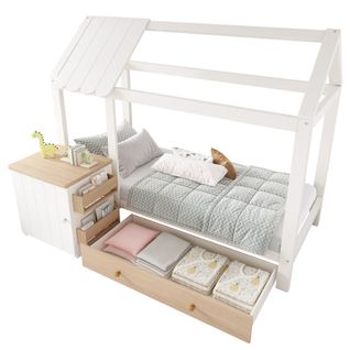 Lit Cabane Enfant 90x200cm Avec Tiroir Et Chevet En Pin Blanc Et Chêne, Sommier Et Rangement