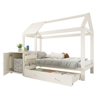 Lit Cabane Enfant 90x200cm Avec Tiroir Et Chevet En Pin Blanc, Sommier Et Rangement