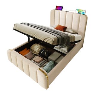 Lit Coffre Enfant 90x200cm Avec Port USB-c Et Sommier Relevable, Lin, Beige