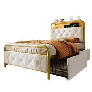 Lit Enfant LED 90x200cm Avec Prises,usb-c, Sommier Et Rangement De Tiroirs, Velours, Blanc