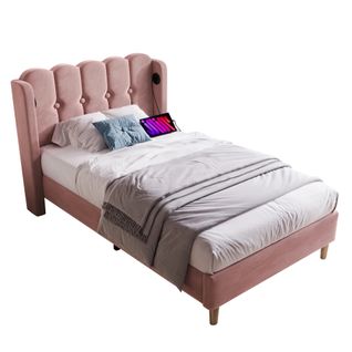 Lit Enfant 90x200cm En Velours Rose Avec Ports USB-c Et Tête De Lit Avec Oreilles