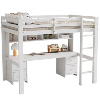 Lit Mezzanine 90x200 Cm, Lit Enfant Avec Espace De Rangement, Rampe Haute, Escalier Stable, Blanc