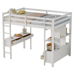Lit Mezzanine 140x200 Cm, Lit Adulte Avec 6 Tiroirs De Rangement Et Bureau Sous Le Lit, Blanc
