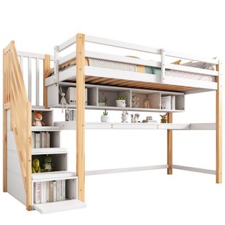 Lit Mezzanine 90x200 Cm, Lit Enfant Avec Grand Bureau Et Étagères, Naturel Et Blanc