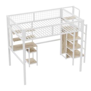 Lit Mezzanine 140x200 Cm, Lit Adulte Avec Échelle De Sécurité, Armoire Et Table D'ordinateur, Blanc
