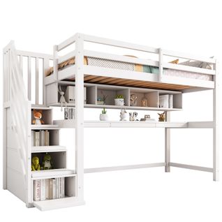 Lit Mezzanine 90x200 Cm, Lit Enfant Avec Escalier De Rangement, Avec Bureau Et Étagères, Blanc