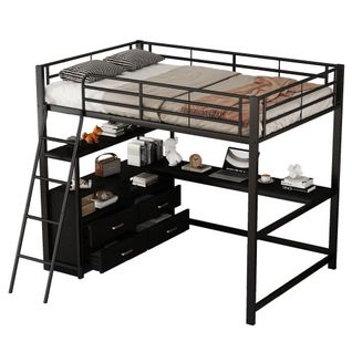 Lit Mezzanine 140x200 Cm, Lit Adulte En Fer, Avec Tiroirs Pratiques, Bureau Élégant En L, Noir