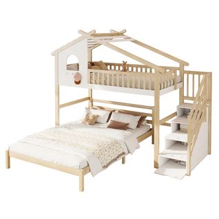 Lit Superposé 90x200 Cm Et 140x200 Cm Avec Échelle De Rangement, Fenêtre, Barrières, Blanc Et Bois