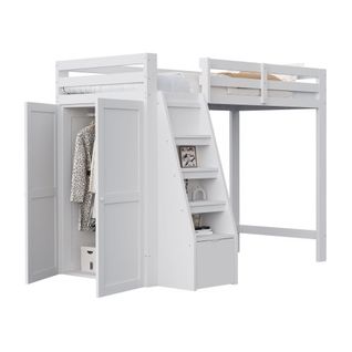 Lit Mezzanine 90x200 Cm, Lit Enfant Avec Tiroirs De Rangement, Penderie, Blanc