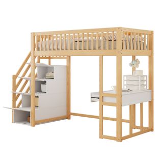 Lit Mezzanine 90x200 Cm, Lit Enfant Avec Table, 2 Tiroirs, Escalier De Rangement, Chêne Et Blanc