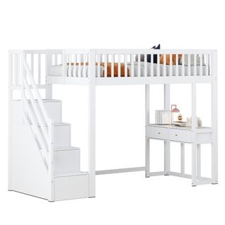 Lit Mezzanine 90x200 Cm, Lit Enfant Avec Table, 2 Tiroirs, Escalier De Rangement Sécurisé, Blanc
