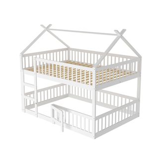 Lit Superposé Cabane 140x200cm En Bois Avec Barrières Et Petite Porte, Blanc