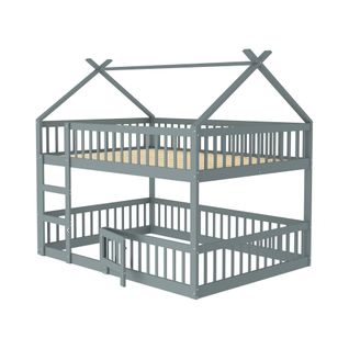 Lit Superposé Cabane 140x200cm En Bois Avec Barrières Et Petite Porte, Gris