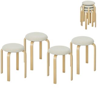 Lot De 4 Tabourets Ronds H.45cm Blanc Crème Empilables En Bois Et Lin