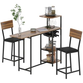Ensemble 3 Pièces, Table De Bar Extensible Rectangle + 2 Tabourets, Multirangement, Bois Et Noir