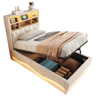 Lit Coffre Adulte 90x200cm Beige En Lin Avec LED Et USB, Tête De Lit Avec Compartiment De Rangement