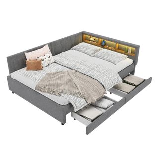 Lit Adulte 140x200 Cm En  Tissu Lin Avec 2 Tiroirs De Rangement, LED, USB + Type C,  Gris