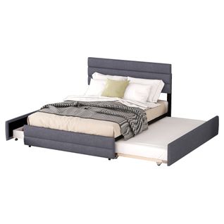 Lit Double 140x200cm Avec Lit Gigogne Simple Et Tiroirs En Lin Gris