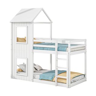 Lit Superposé 90x200 Cm, Lit Enfant En Bois, Avec Échelle Et Baldaquin, Blanc