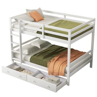 Lit Superposé 140x200 Cm, Lit Enfant Avec 2 Tiroirs, Rangements Et Garde-corps Hauts, Blanc