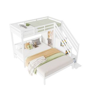 Lit Superposé 90x200 Cm Et 140x200 Cm, Lit Enfant Avec Penderie, Escalier De Rangement, Blanc