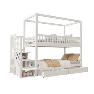 Lit Superposé 90x200 Cm, Lit Enfant, Avec Compartiment De Rangement, 2 Tiroirs, Blanc