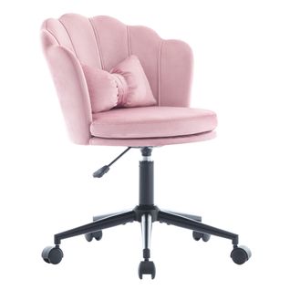 Chaise Pivotante Rose En Velours Hauteur Réglable, Avec Coussin Lombaire
