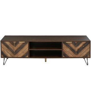 Meuble TV Marron Avec 2 Portes Et 2 Compartiments, Poignées Dorées, Pieds En Fer