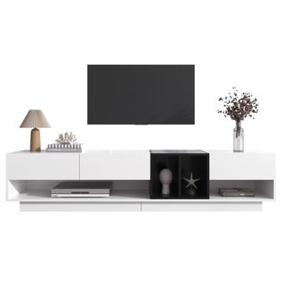 Meuble TV Blanc Et Noir, Meuble TV Bas Avec 3 Tiroirs, Compartiments