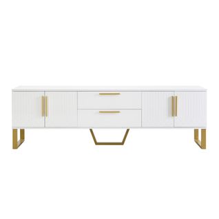 Meuble TV Blanc Avec 2 Casiers Et 2 Tiroirs, Poignées Et Pieds Dorés, Porte Avec Texture Gravée