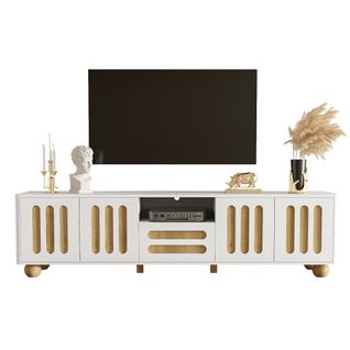 Meuble TV 180 Cm, Meuble TV Blanc Et Bois Avec 4 Portes, Tiroir Et Éclairage LED, Pieds Sphériques
