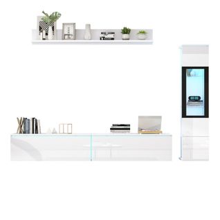 Ensemble De Meubles TV 3 Pièces Blanc Avec Éclairage LED, Vitrine De Salon, Étagère Suspendue