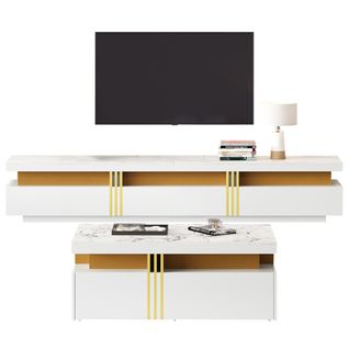 Ensemble De Meuble TV Blanc, Meuble TV Avec 3 Tiroir, Table Basse Avec 2 Tiroirs