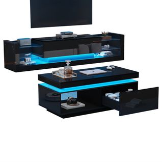 Ensemble De Meuble TV Noir, Meuble TV Et Table Basse Avec LED, Rangements Ouverts Et Tiroir