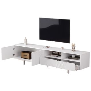 Meuble TV 200 Cm, Meuble TV Blanc Avec Casier, 2 Tiroirs Et 2 Rangements Ouverts