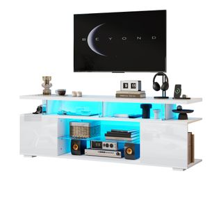 Meuble TV Blanc Avec Éclairage LED, Des Rangements Ouverts, Étagères En Verre