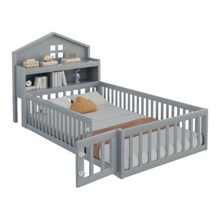 Lit Cabane Enfant 90x200cm, Lit Au Sol Avec Barrières Et Rangement, Sommier, Bois, Gris