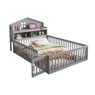 Lit Cabane Enfant 140x200cm En Bois Gris Avec Barrières, Rangement Et Sommier