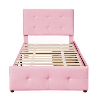 Lit Enfant 90x200cm En Velours Rose Avec 2 Tiroirs Et Sommier