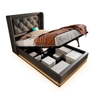 Lit Coffre Enfant 90x200cm Avec LED Et Ports De Charge, Pu, Noir