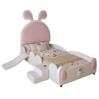 Lit Enfant 90x200 Cm, Lit Simple Avec Toboggan, Lattes En Bois, Pu, Blanc + Rose