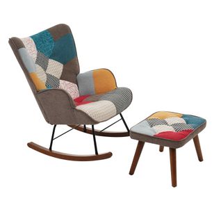 Rocking Chair, Fauteuil à Bascule Avant Et Arrière Avec Motif Patchwork Coloré, Avec Repose-pieds