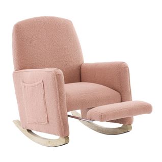 Rocking Chair, Fauteuil à Bascule En Tissu Teddy, Avec Repose-pieds Extensible, Sac Latéral, Rose