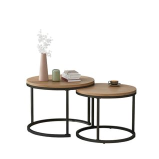 Lot De 2 Tables Basses Gigognes Rondes, Cadre Noir, Plateau De Table En Chêne