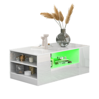 Table Basse Rectangulaire Blanche Avec LED, 2 Tiroirs Et 2 Étagères, Table Basse Pour Salon