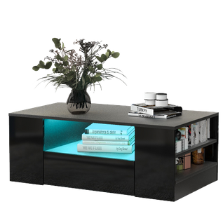 Table Basse Rectangulaire Noire Avec LED, 2 Tiroirs Et 2 Étagères, Table Basse Pour Salon