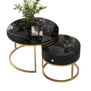 Lot De 2 Tables Basses Gigognes Rondes, Avec Tiroir, En Placage De Marbre Noir, Cadre Doré