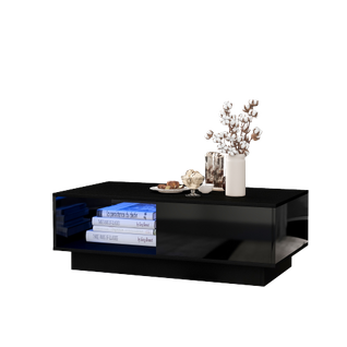 Table Basse Rectangulaire Noire Avec Lumière LED, Rangement Ouvert Et Tiroir, Table Basse Pour Salon